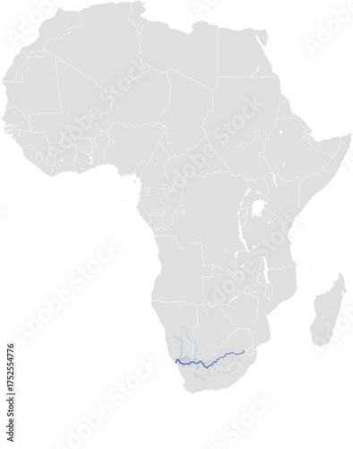 Orange river system – rivers vector map of Africa highlighting main stem, primary and secondary tributaries (AEA, scaled by river size, PPT-compatible, multi-layered & fully editable)