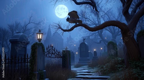 Halloween night scene with spooky owl flying off tree in  cemetery
