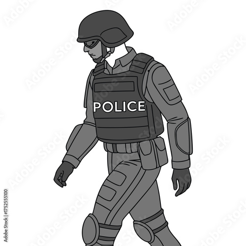 A person is wearing full tactical police gear, including a helmet, body armor labeled "POLICE," gloves, and protective pads. They appear to be walking with focus, dressed for high-risk law enforcement