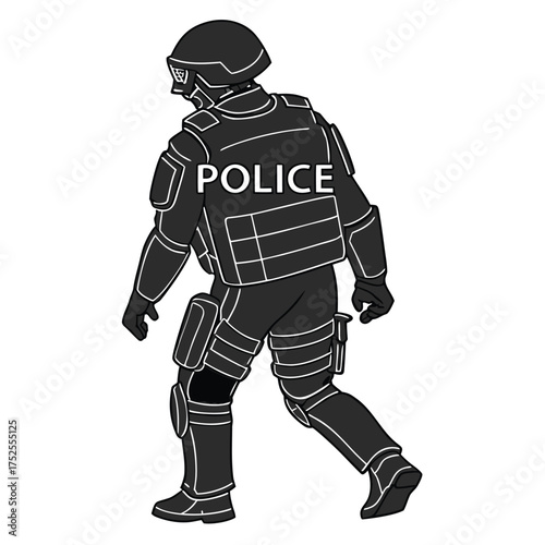 A person dressed in full, black, heavy police tactical gear, including a helmet, visor, and a bulletproof vest clearly labeled "POLICE" on the back. The figure is shown from behind, in a walking.