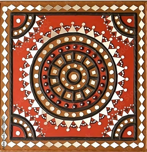 Traditional Indian Mud-Mirror Art: Intricate Circle and Geometric Folk Painting.