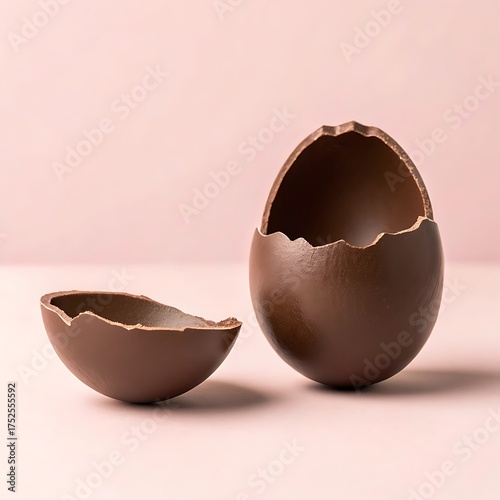 Cracked Chocolate Easter Egg Shells on Pink Background Sweet Holiday Treat Still Life