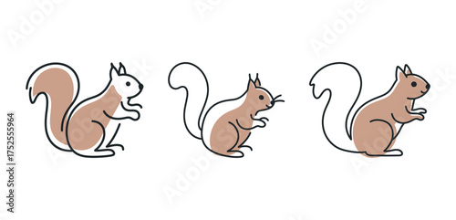 Continuous line art drawing of three cute squirrels with brown and white coloring, forest animal and minimalist wildlife vector illustration.