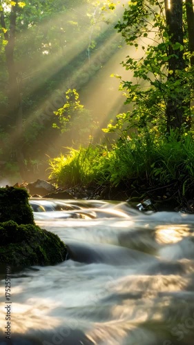 Peaceful river flows through sunlit forest, creating a stunning nature scene perfect for wellness retreats or outdoor adventure promotions.
