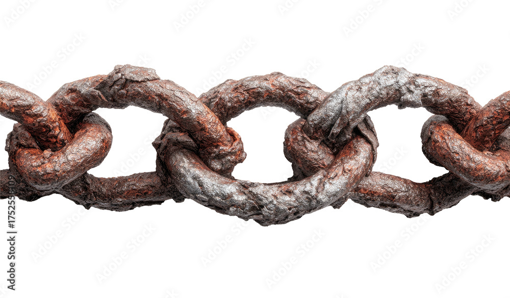 Fototapeta premium Three weathered, rusty iron chain links isolated on a stark black background