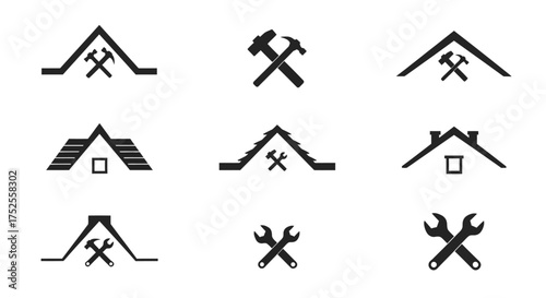 A collection of black and white icons featuring house roofs and crossed tools, symbolizing construction, repair, and home improvement services.