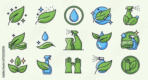 A vibrant collection of eco-friendly cleaning and nature-themed icons, featuring leaves, water drops, spray bottles, and sponges, symbolizing cleanliness and environmental care.