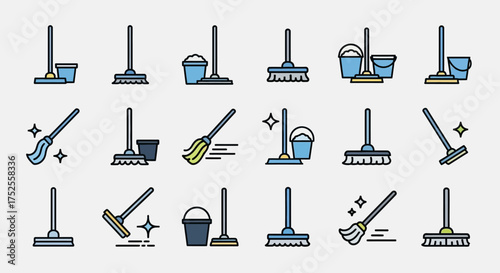 Collection of illustrated cleaning mops and buckets, representing various cleaning tools and techniques.