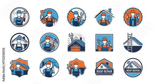 Collection of illustrated logos depicting construction workers and roof repair services.
