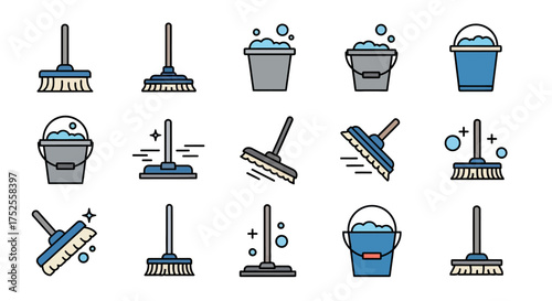 A collection of cleaning icons featuring brooms, mops, buckets filled with suds, and squeegees, all in a flat design style.