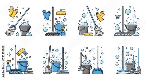 A collection of cleaning tools, including mops, buckets, gloves, and sponges, displayed in a clean and organized style.