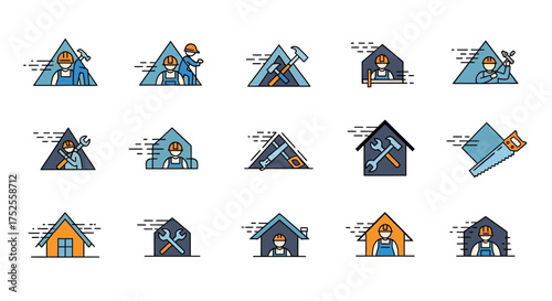 Collection of stylized construction worker icons illustrating various tools and activities, presented in triangular and house shapes.