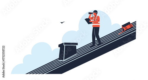 Illustration of a construction worker on a roof using binoculars and holding a clipboard, with clouds and a bird in the background.