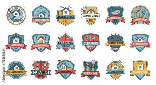 A colorful collection of illustrated logos and emblems for house cleaning services, designed as shields and badges.