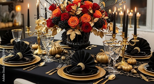 Elegant autumn table setting with black and gold decor for a sophisticated dinner party