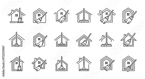 A collection of minimalist line art icons depicting houses with brooms, symbolizing cleaning, tidiness, and home maintenance services.