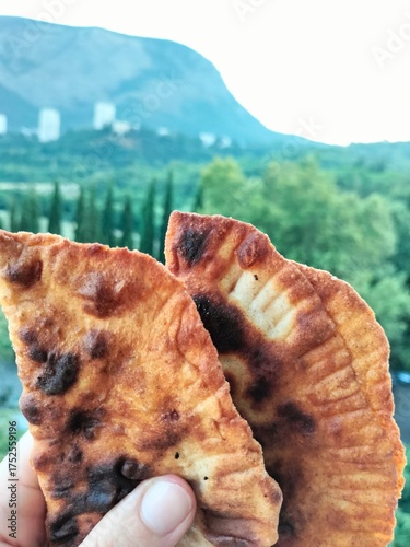 Wallpaper Mural homemade cakes. chebureks. background nature, mountains, forest Torontodigital.ca