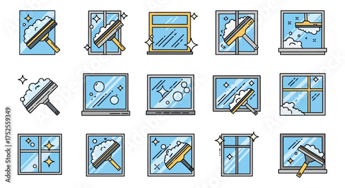 A collection of colorful line art icons illustrating window cleaning services, with squeegees, soap foam, and sparkling clean glass.