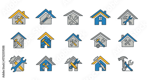 A collection of colorful icons representing home repair, maintenance, and renovation services with houses, hammers, and wrenches.