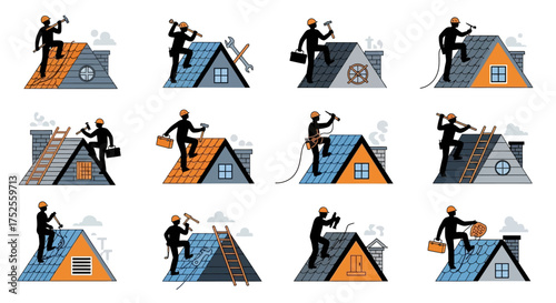 A collection of illustrations depicting roofers working on various house roofs with tools.