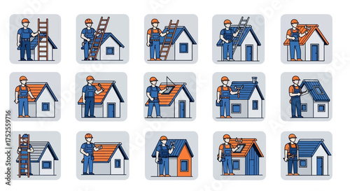 Illustrations depicting various stages of roof repair and construction, with workers performing tasks.