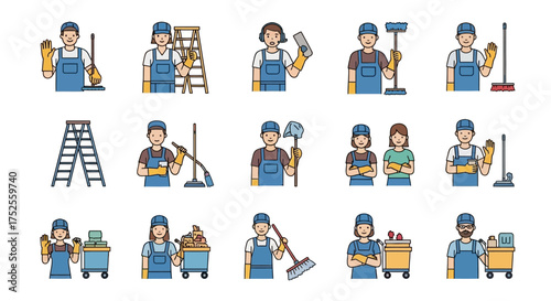 A set of flat-style icons depicting various cleaning and maintenance workers performing different tasks with tools and equipment.