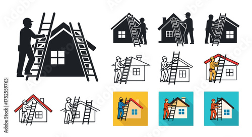 Collection of illustrations depicting roofers working on residential houses with ladders, various styles.