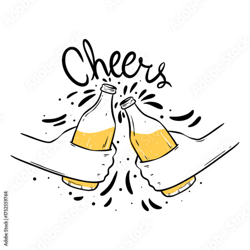 Doodle Illustration of Two Hands Holding Beer Bottles