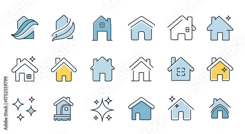 A collection of twenty house icons in varying styles, featuring simple outlines and blue and yellow color accents.