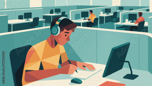illustration of neurodiverse individual (e.g., someone with ADHD, Autism) focused intently on a task in a quiet corner of a shared office space, using noise-canceling headphones.eps