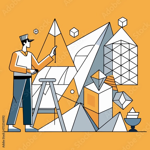 Man constructing geometric figures with unique design on orange