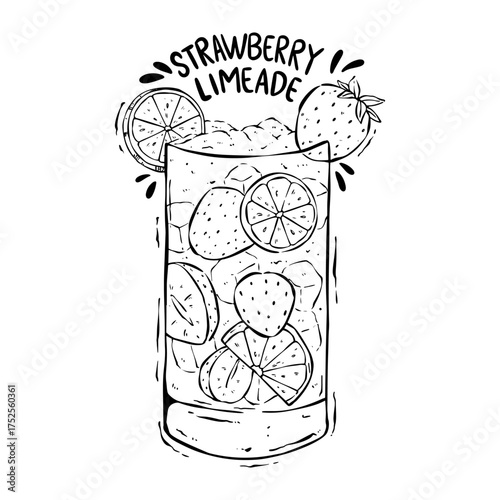Hand-Drawn Limeade with Strawberry and Lemon Illustration