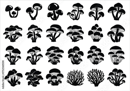 Collection of diverse black and white mushroom illustrations in various shapes and sizes for artistic design elements