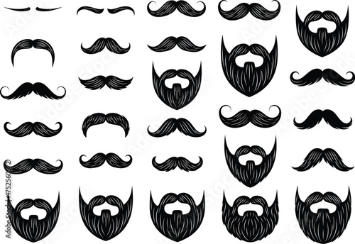 Collection of hand drawn black and white mustache and beard styles for men in various shapes and sizes