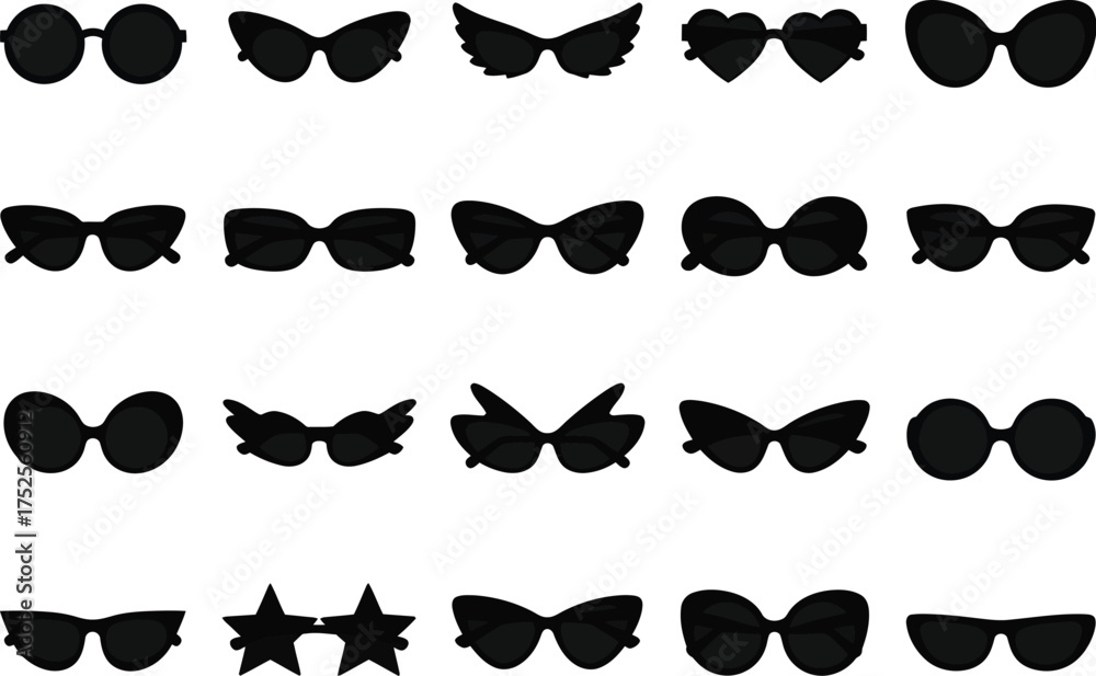Fototapeta premium Collection of silhouettes of various fashionable sunglasses and eyewear styles on a white background