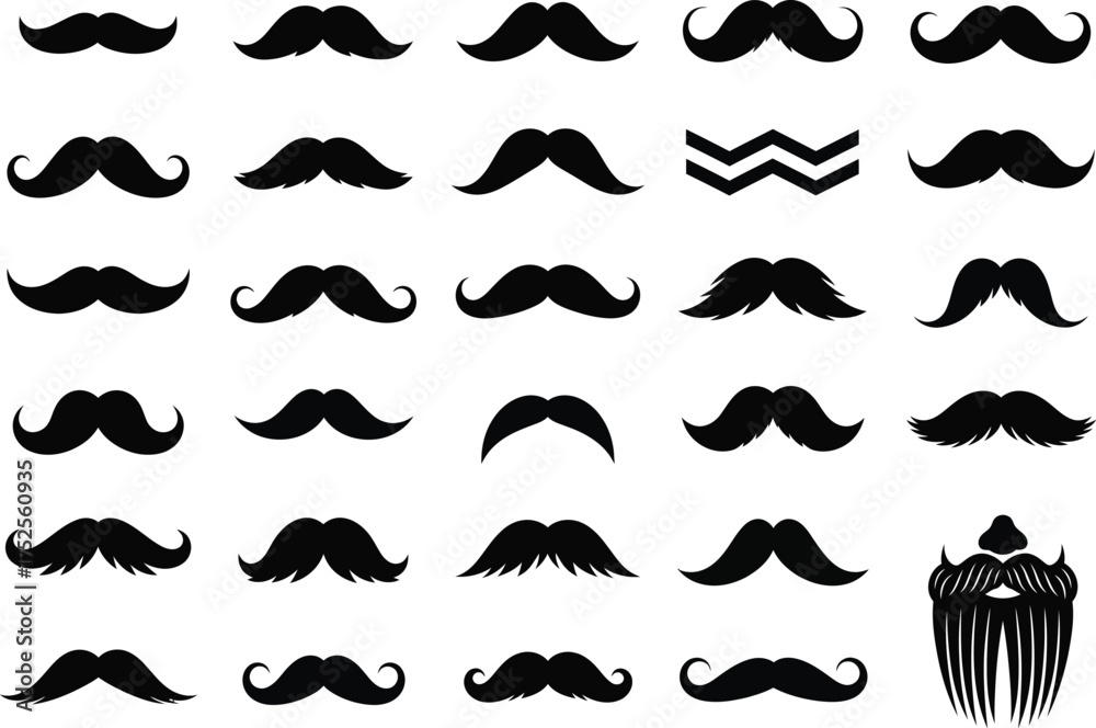 Fototapeta premium Collection of diverse hand drawn mustache styles and beards in black ink on a white background for design