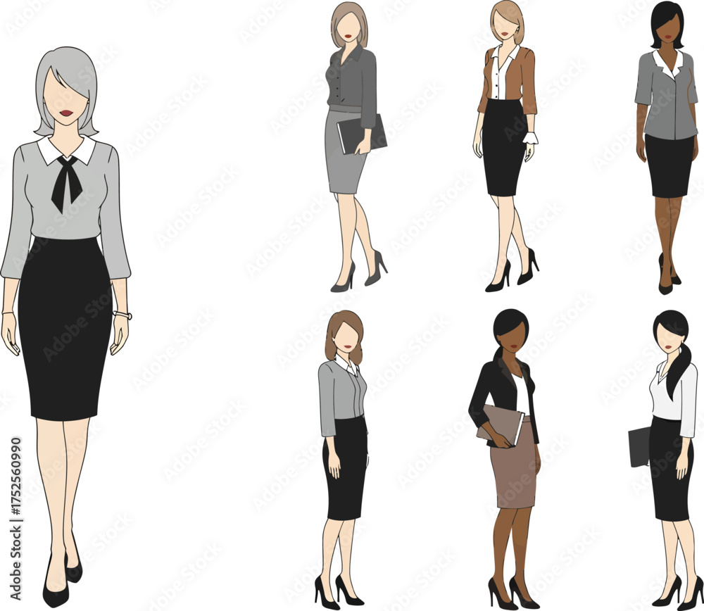 Fototapeta premium Diverse group of professional women in business attire standing confidently against a white background showcasing career women