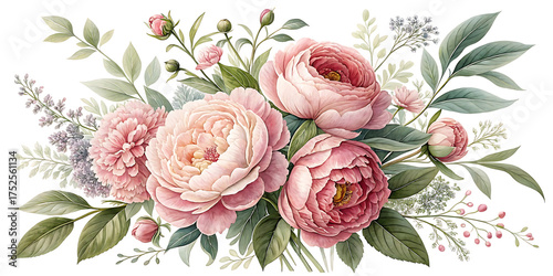 Elegant Bouquet of Pink Peonies with Soft Green Leaves on Black Background for Decoration