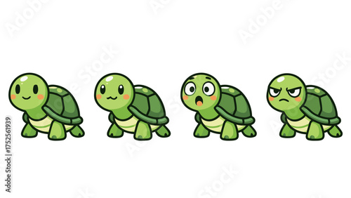 Set of cute cartoon tortoise characters showing various expressions and walking poses