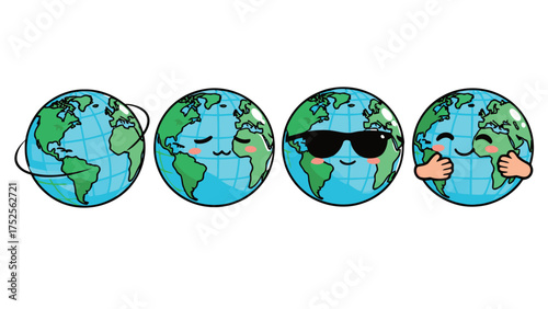 Set of cute cartoon Earth globes with happy, cool, and self-hugging expressions for environmental themes