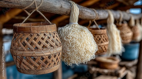 Woven baskets and fiber objects hang from a wooden beam outdoors.