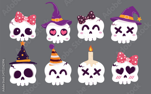 Skull cute character clipart set. Cute skull character and bone face clip art collection with scary and funny costume like witch hat, ribbon and candle for children skittish Halloween party