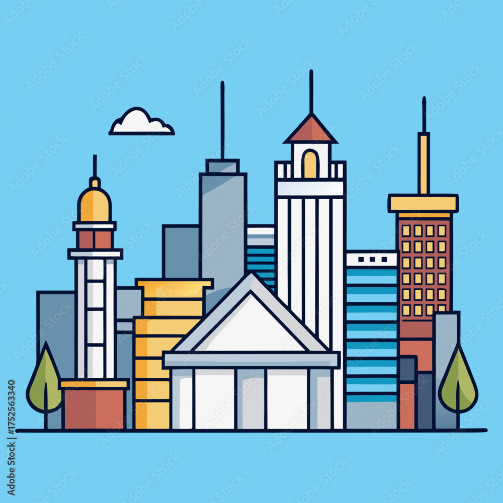 Fototapeta premium Minimalist cityscape buildings with architectural outlines and cloud