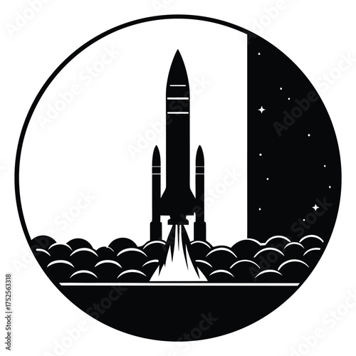 Black silhouette rocket launch in circular frame with stars 1