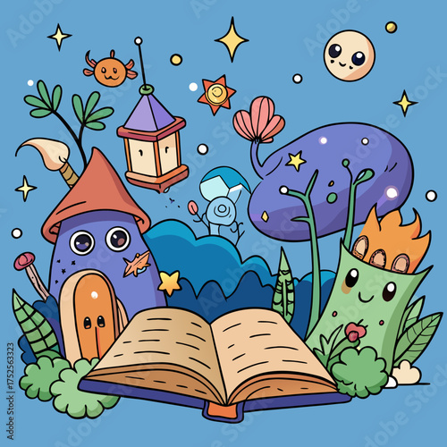 Whimsical cartoon scene with open book and fantasy creatures