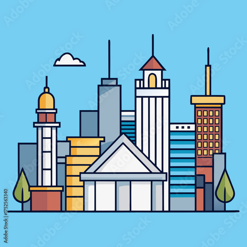 Minimalist cityscape buildings with architectural outlines and cloud