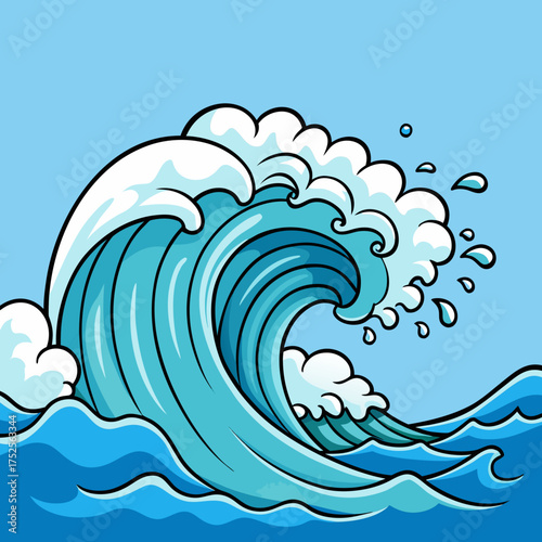 Cartoon wave crashing with ocean water and white foam