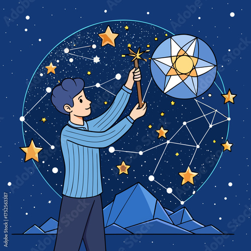 Person using a wand to arrange stars in the night sky