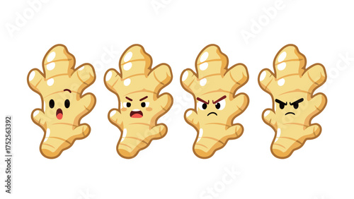 Set of four cartoon ginger root characters showing surprised, mad, and angry expressions