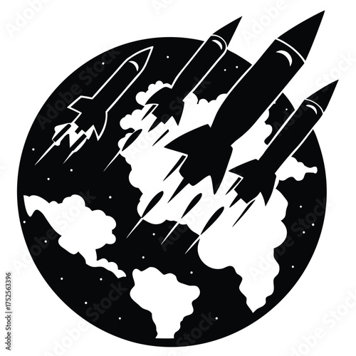 Black silhouette rockets launching from planet Earth